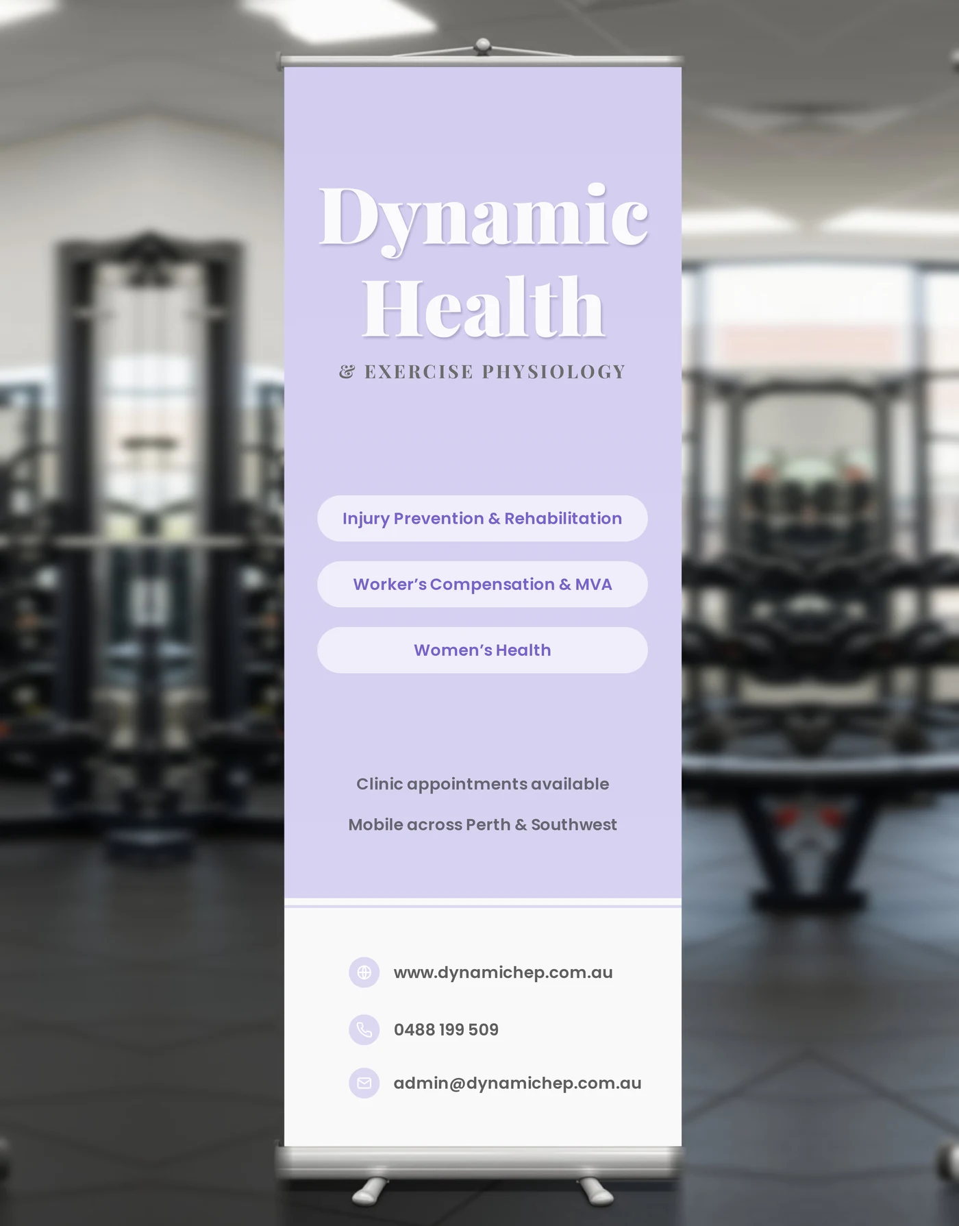 Dynamic Health & Exercise Physiology banner at the gym: injury prevention and rehabilitation, workers' compensation and MVA, women's health